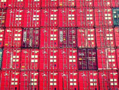 Red Sea Containers waiting to be transported across Perth